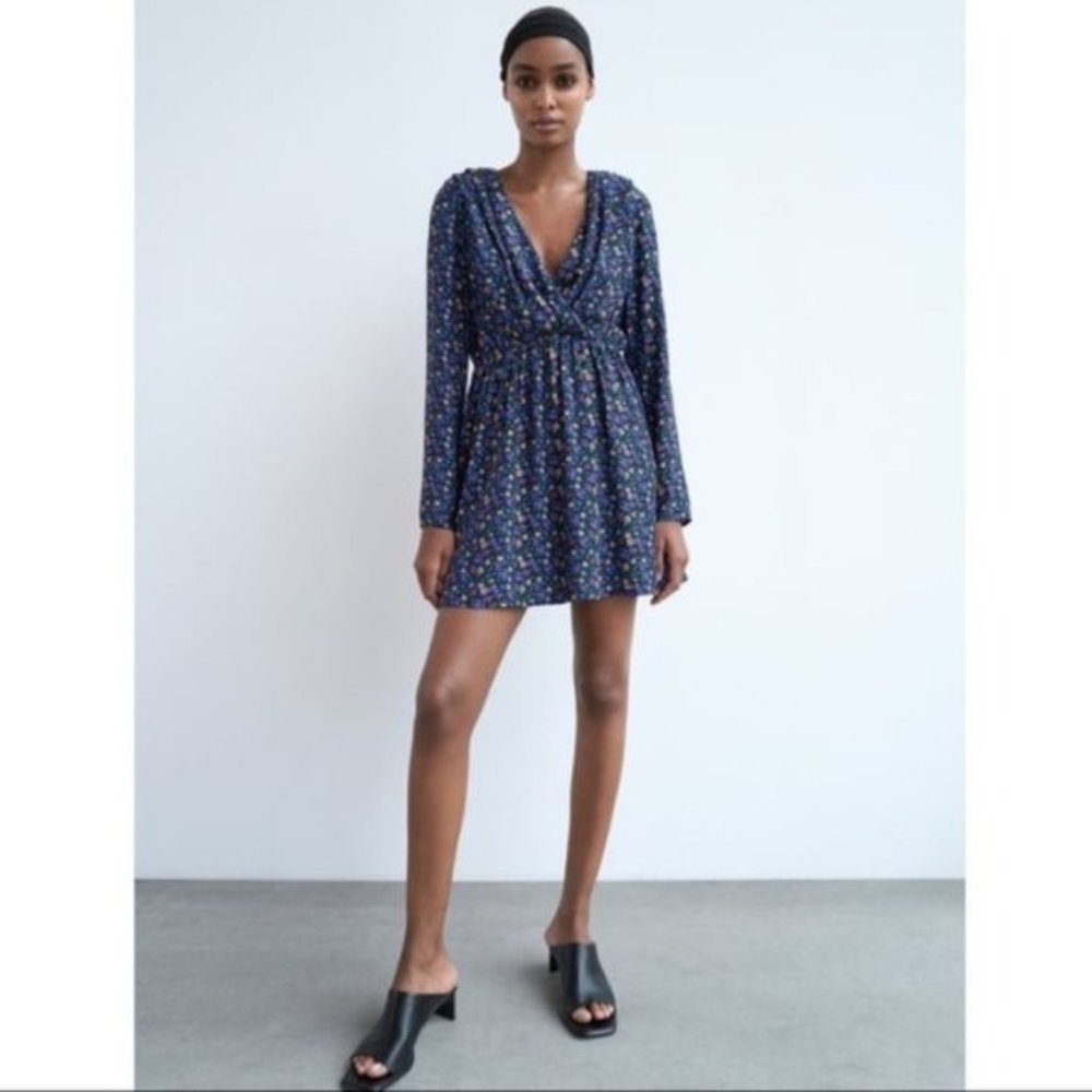 Zara Printed Shoulder Pad Floral Dress sz XS